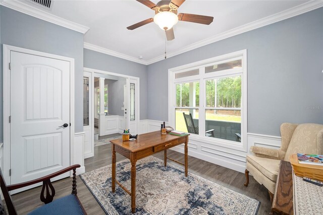 office featuring crown molding, ceiling fan, and dark hardwood / wood-style flooring