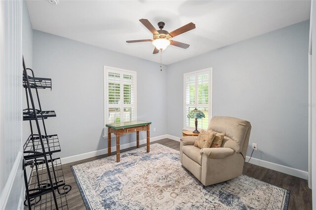 sitting room featuring ceiling fan and wood-type flooring