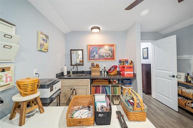 interior space featuring ceiling fan, hardwood / wood-style floors, sink, and light brown cabinets