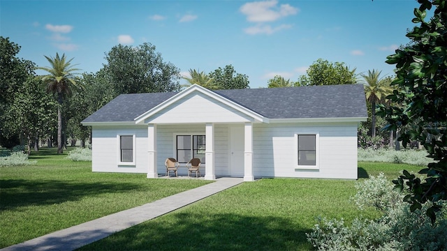 ranch-style home featuring a porch and a front lawn