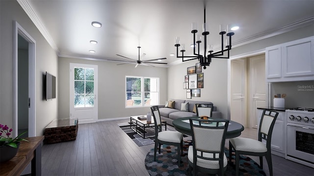 dining room with ornamental molding, ceiling fan with notable chandelier, and wood-type flooring