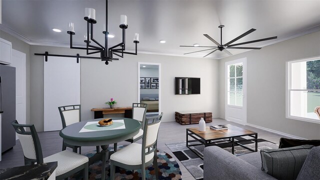 dining room with ornamental molding and ceiling fan with notable chandelier