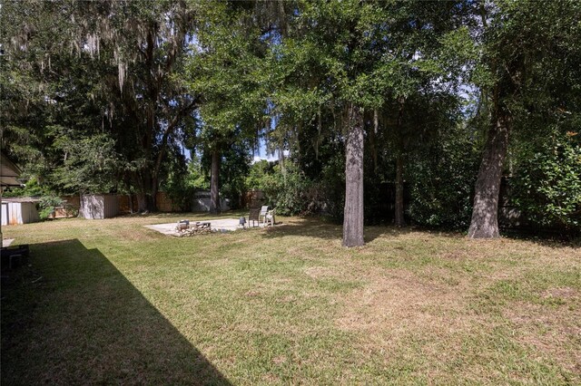 view of yard featuring a fire pit and a storage shed