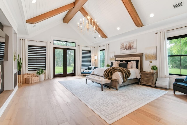 bedroom with beamed ceiling, french doors, a chandelier, light wood-type flooring, and high vaulted ceiling