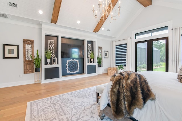 bedroom featuring french doors, vaulted ceiling with beams, access to exterior, a chandelier, and hardwood / wood-style flooring