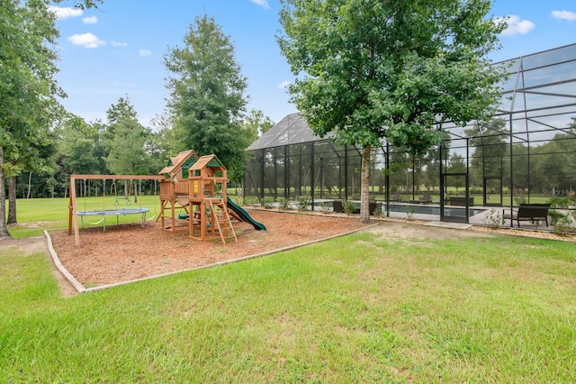 view of jungle gym featuring a yard