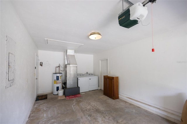 garage with independent washer and dryer, water heater, a garage door opener, and heating unit