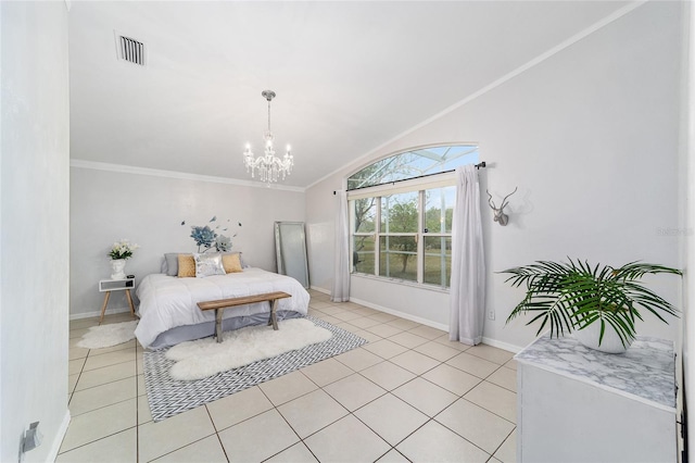 tiled bedroom with lofted ceiling, an inviting chandelier, and crown molding