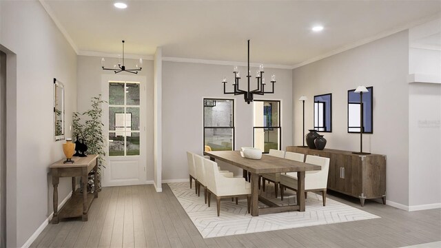 dining area featuring a notable chandelier, crown molding, and light hardwood / wood-style flooring