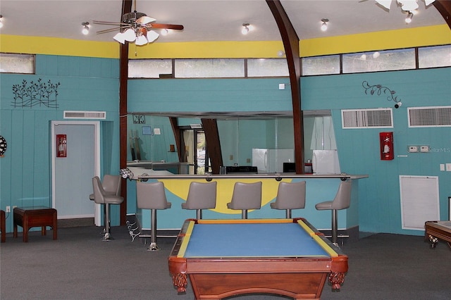 rec room featuring visible vents, pool table, and a ceiling fan