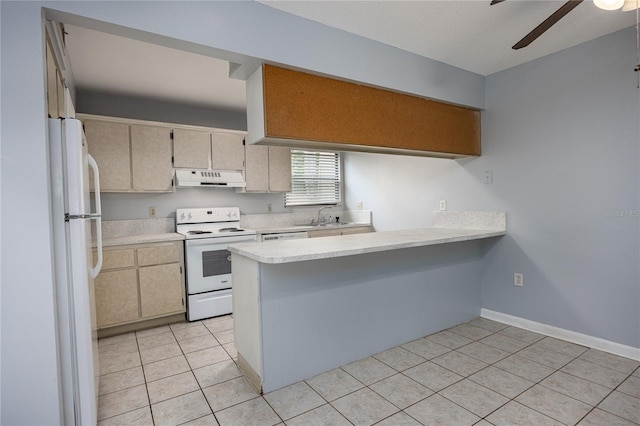 kitchen featuring under cabinet range hood, a sink, white appliances, a peninsula, and light countertops