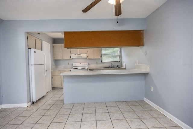 kitchen featuring white appliances, light tile patterned floors, kitchen peninsula, sink, and ceiling fan