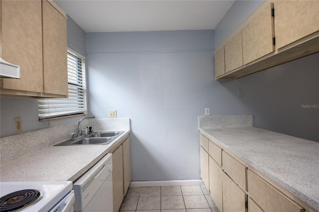 kitchen featuring light brown cabinetry, white dishwasher, light tile patterned flooring, and sink