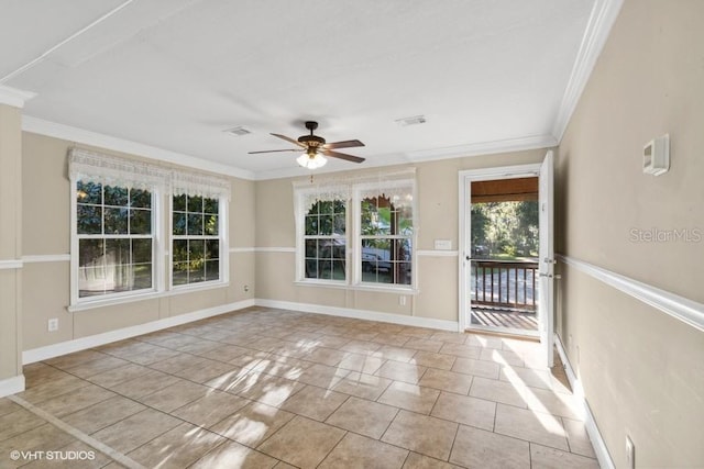 tiled empty room with ceiling fan and ornamental molding