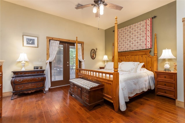 bedroom featuring ceiling fan, access to exterior, dark hardwood / wood-style flooring, and french doors