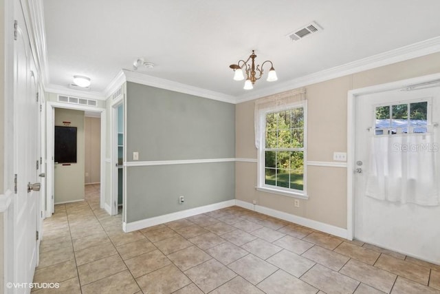 unfurnished dining area with an inviting chandelier, light tile patterned floors, and crown molding