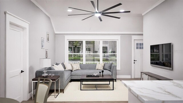 living room with crown molding, light hardwood / wood-style floors, and ceiling fan