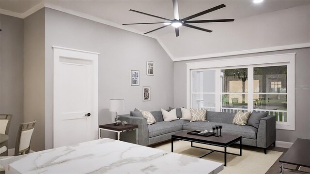 living room with ceiling fan, light wood-type flooring, crown molding, and vaulted ceiling