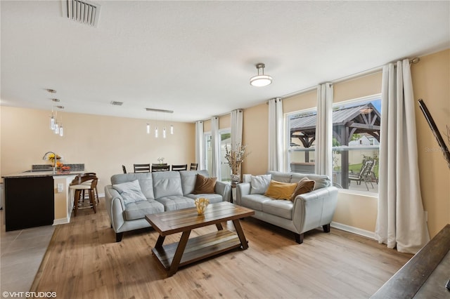 living room featuring sink and light wood-type flooring