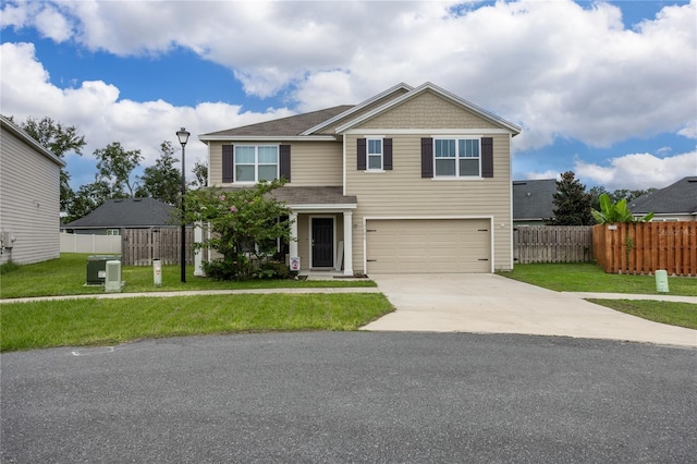 view of front of home with a garage, a front lawn, and central air condition unit