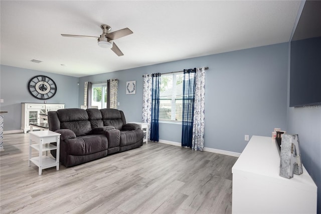 living room featuring ceiling fan and light wood-type flooring