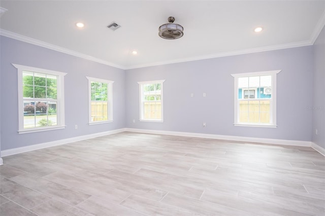 empty room featuring ornamental molding and plenty of natural light