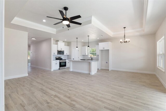 kitchen with a tray ceiling, plenty of natural light, ceiling fan with notable chandelier, white cabinetry, and stainless steel appliances