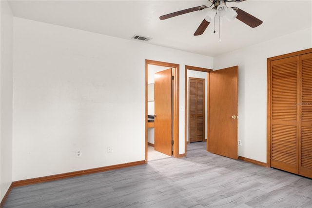 unfurnished bedroom with light hardwood / wood-style floors and ceiling fan