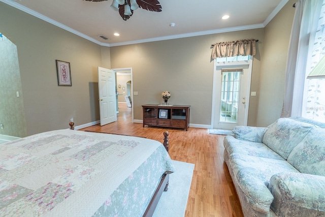 bedroom with ceiling fan, access to exterior, light wood-type flooring, and ornamental molding