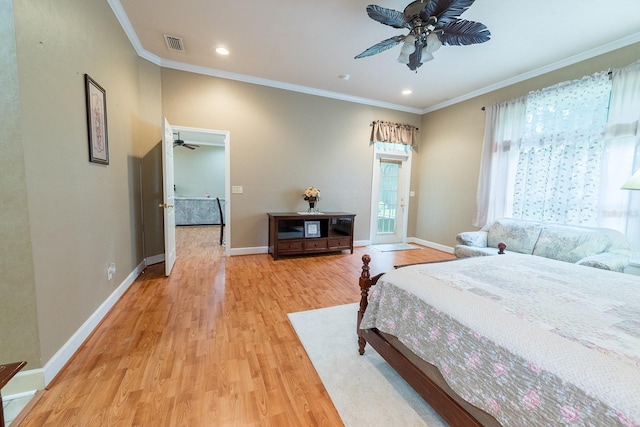 bedroom with ornamental molding, light hardwood / wood-style floors, and ceiling fan