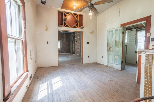 empty room featuring ceiling fan, plenty of natural light, and light hardwood / wood-style floors