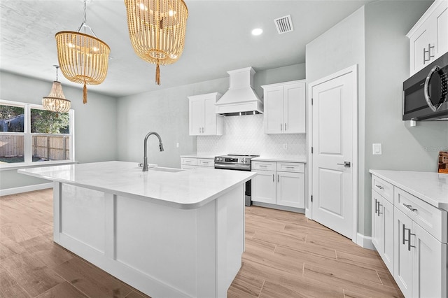 kitchen featuring sink, appliances with stainless steel finishes, custom range hood, and white cabinetry