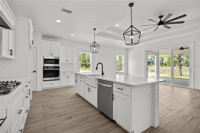 kitchen featuring ceiling fan, an island with sink, appliances with stainless steel finishes, and a wealth of natural light