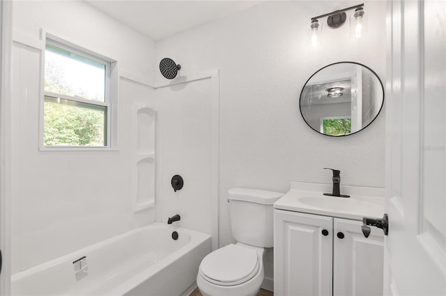 full bathroom with toilet, vanity, and shower / bathtub combination