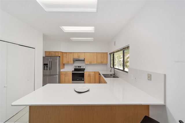 kitchen with kitchen peninsula, appliances with stainless steel finishes, and sink