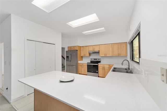 kitchen with kitchen peninsula, appliances with stainless steel finishes, and sink