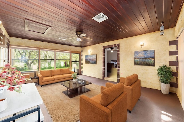 living room featuring wood ceiling and ceiling fan