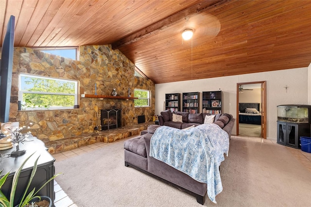 living room featuring high vaulted ceiling, a fireplace, beamed ceiling, wooden ceiling, and light carpet