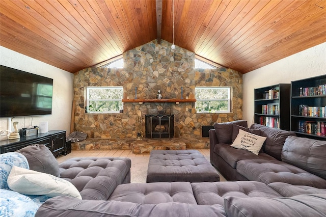 living room featuring built in shelves, a stone fireplace, vaulted ceiling with beams, and wooden ceiling