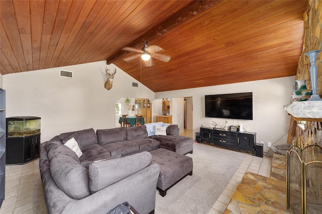 living room with wooden ceiling, vaulted ceiling with beams, and ceiling fan