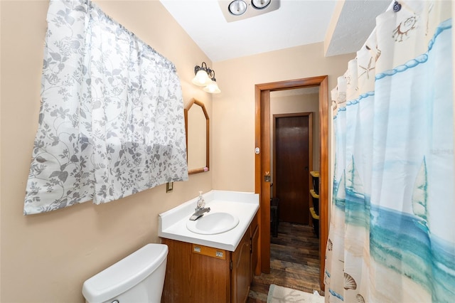 bathroom with wood-type flooring, vanity, and toilet