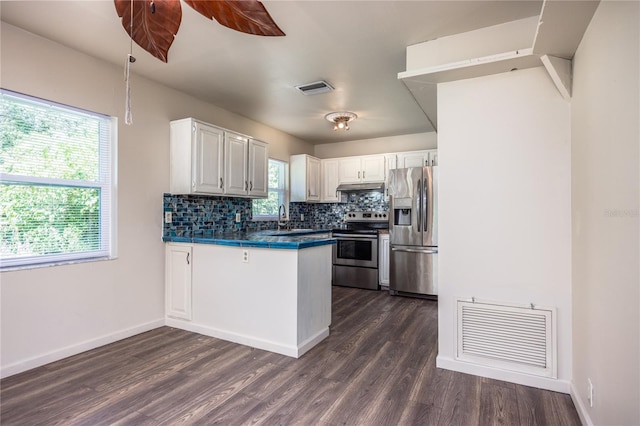 131 Riley Lake Dr, Hawthorne, FL 32640 - kitchen featuring stainless steel appliances, a peninsula, under cabinet range hood, white cabinets, and backsplash