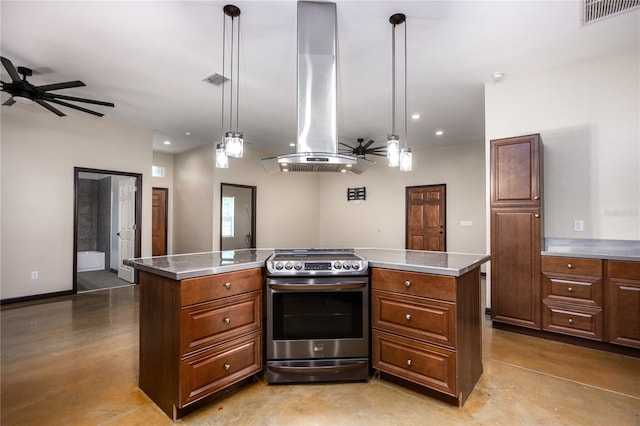 kitchen featuring electric range, hanging light fixtures, a kitchen island, exhaust hood, and ceiling fan