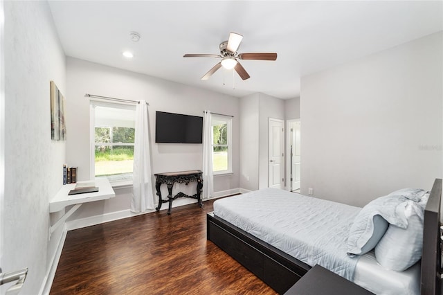 bedroom featuring ceiling fan and dark wood-type flooring