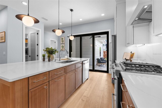 kitchen with stainless steel appliances, a sink, light wood-type flooring, visible vents, and custom range hood