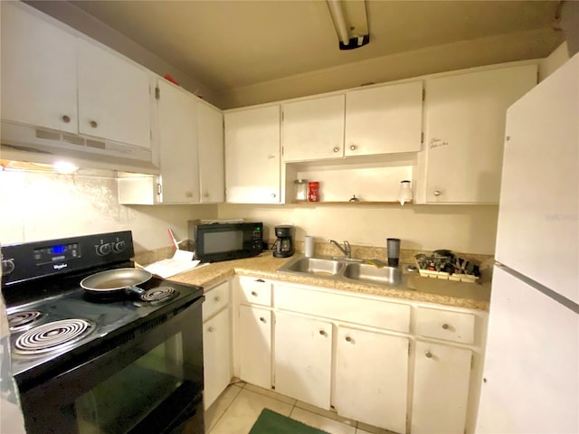 kitchen with light tile patterned floors, white cabinets, sink, and black appliances