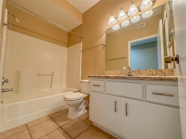 bathroom featuring tile patterned floors, vanity, toilet, shower / bathtub combination, and visible vents