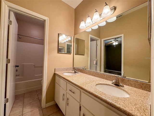 full bathroom with shower / tub combination, tile patterned floors, ceiling fan, vanity, and toilet