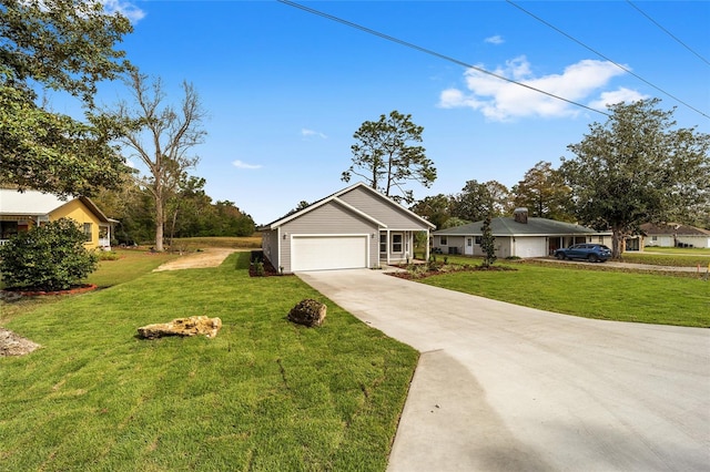 ranch-style home with a garage and a front lawn