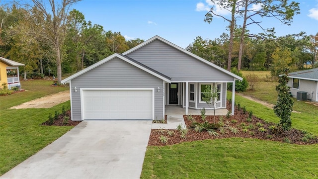 single story home featuring a porch, central AC unit, a front yard, and a garage